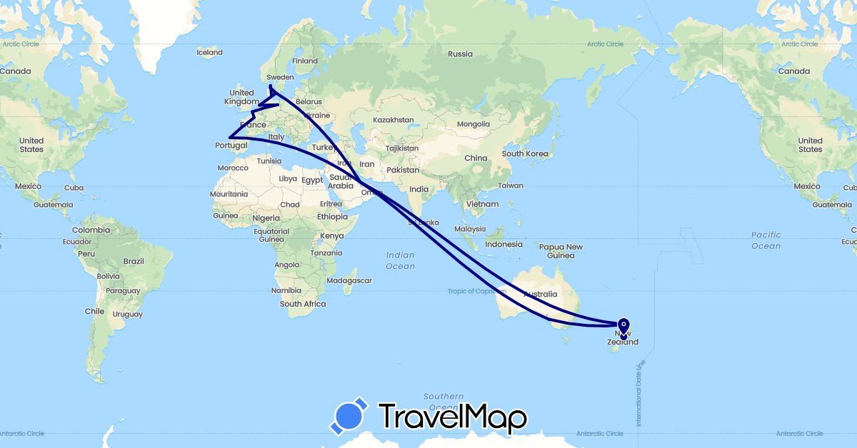 TravelMap itinerary: driving in Australia, Germany, Denmark, Spain, France, Netherlands, New Zealand, Qatar (Asia, Europe, Oceania)